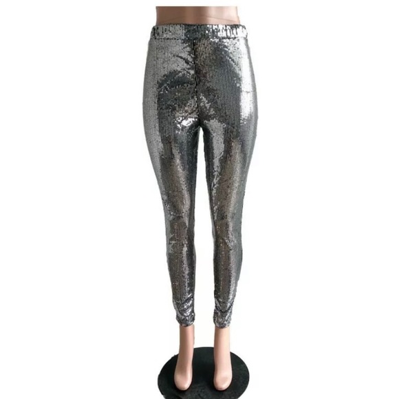 SALE🥂NEW TIMELESS SILVER SEQUIN PANTS-LEGGINGS - Picture 5 of 8